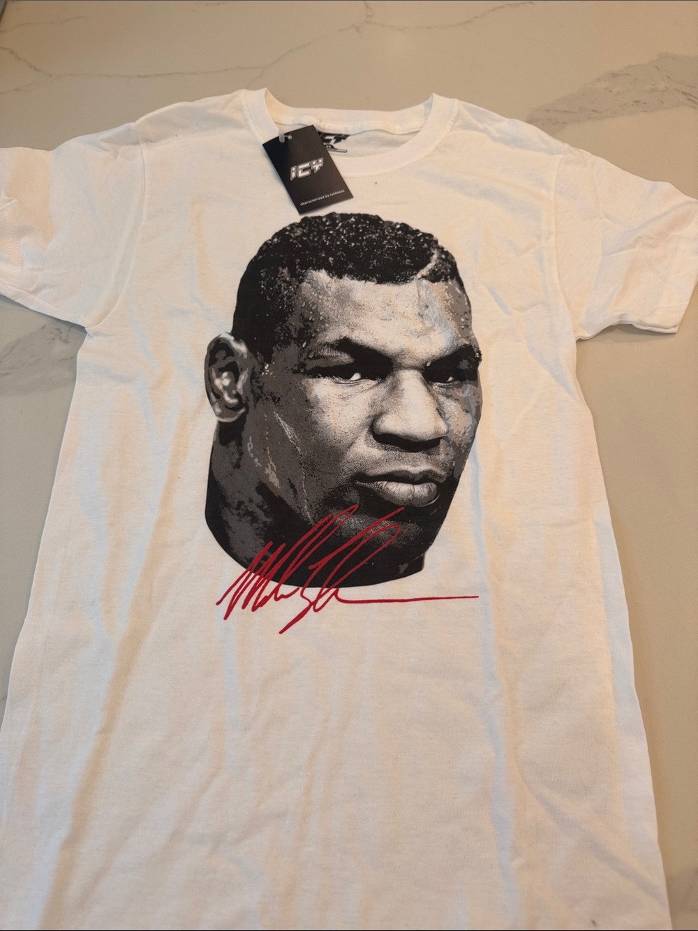White Short Sleeve Graphic Tee with Mike Tyson Portrait Print and signature